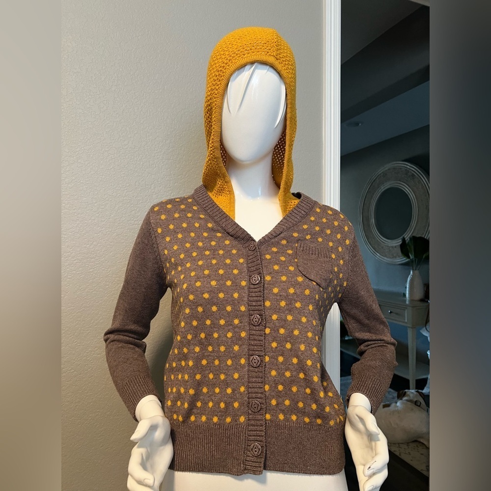 Brown and Yellow Polka Dot Cardigan with Hood